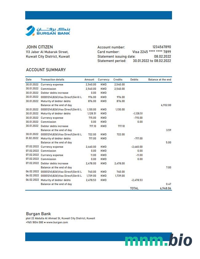 Kuwait Burgan Bank retail konto statement szablon Worda i PDF